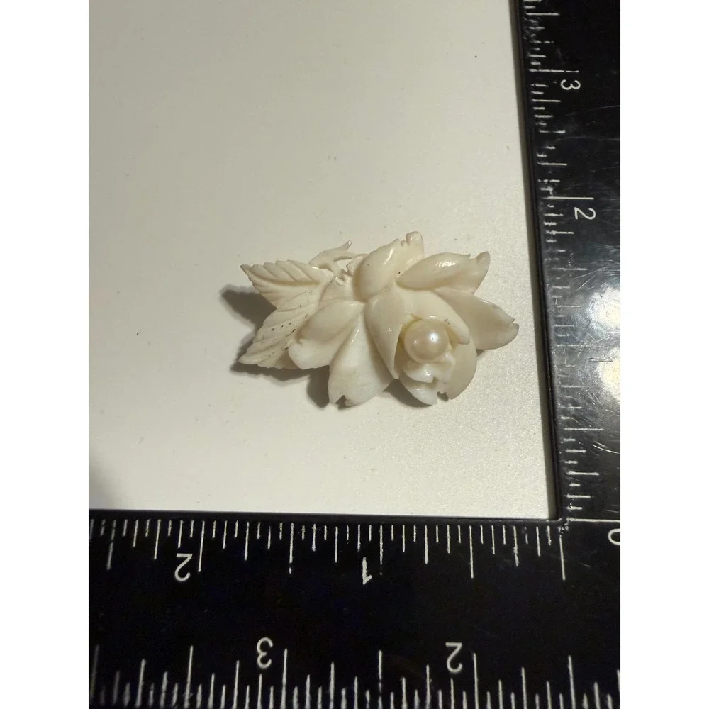Vintage Carved White Shell Rose Brooch with Faux Pearl Floral Pin Accessory